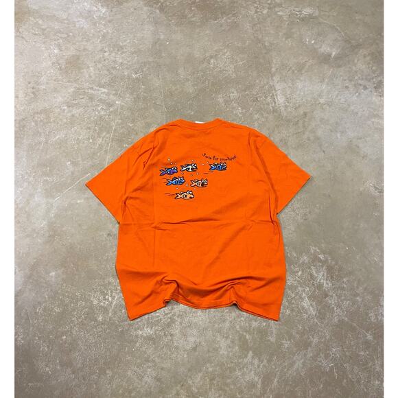 Vtg Cancun Shark T-Shirt XL Caribbean Side Mexico Funny Cartoon Fish Orange Tee - Picture 5 of 5